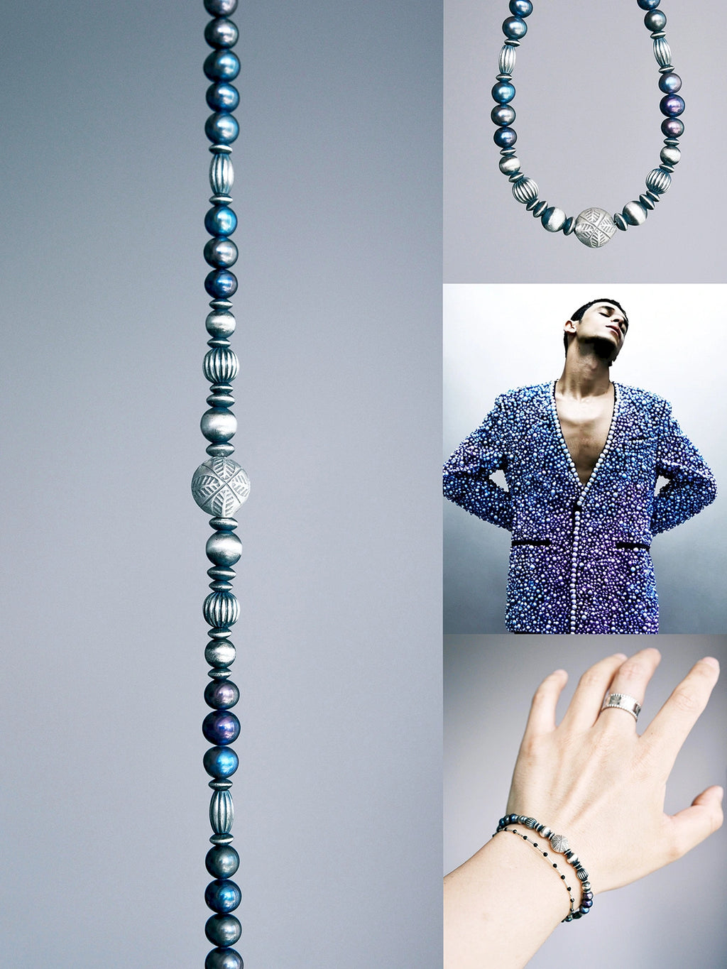 Urban Stoic Series Pearl Current men’s bracelet, natural pearls, hammered silver, cold ocean tones, masculine pearl jewelry inspiration.
