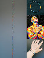 Straight layout of thin rainbow colored-glaze bracelet, sterling silver clasp, modern men’s beaded bracelet design