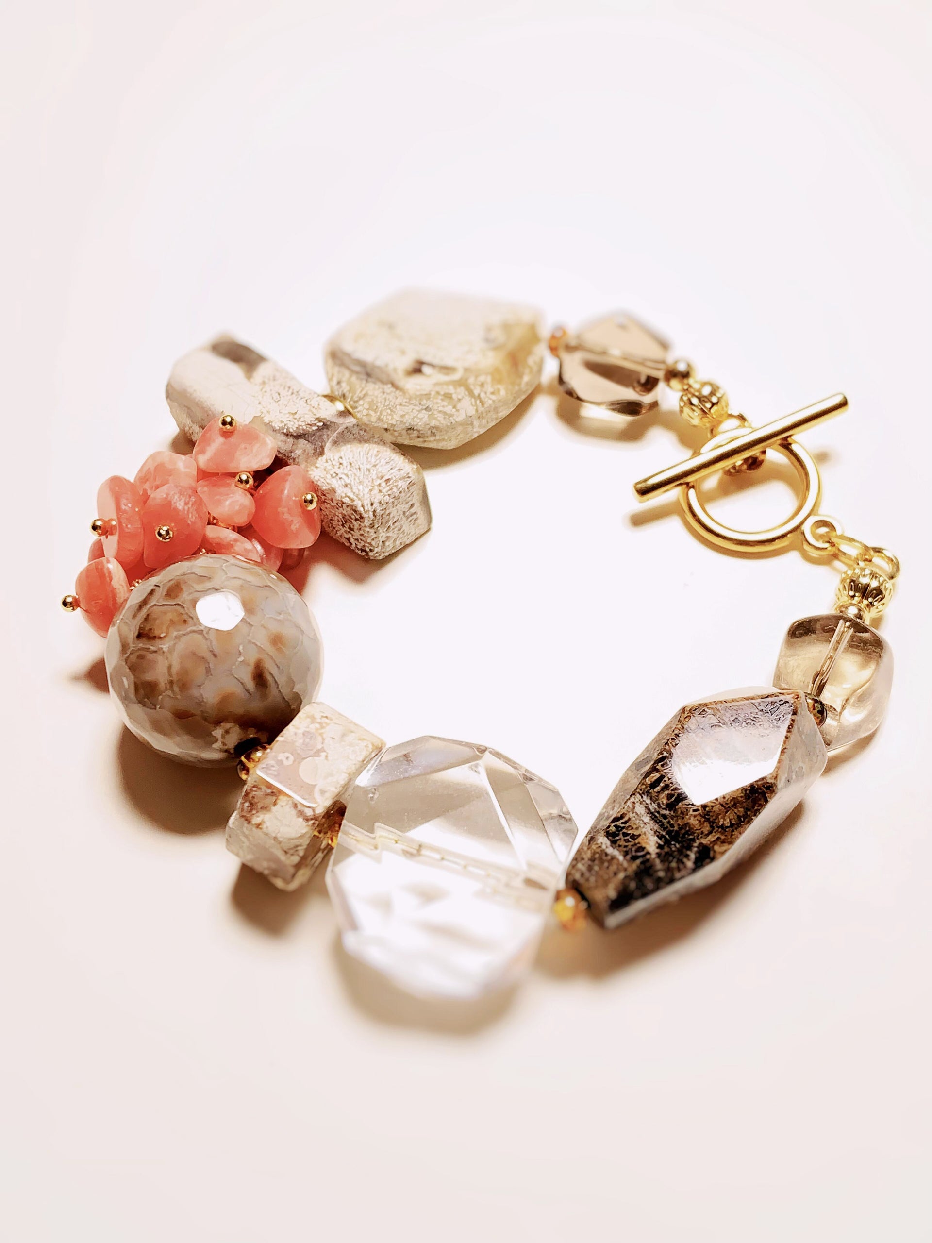 Rock Bloom Rhodochrosite & Clear Quartz Bracelet – Handmade Natural Crystal Gift for Women