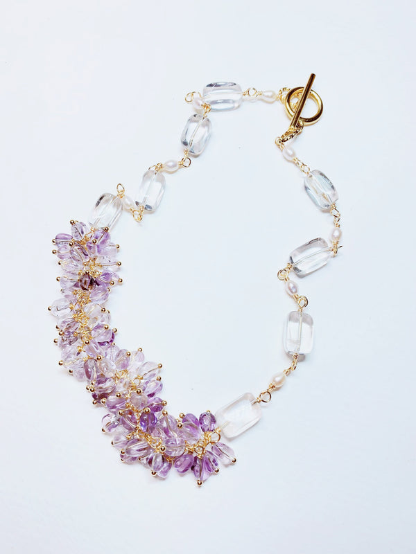 Amethyst & Clear Quartz Statement Necklace - Handmade Spring Light Crystals