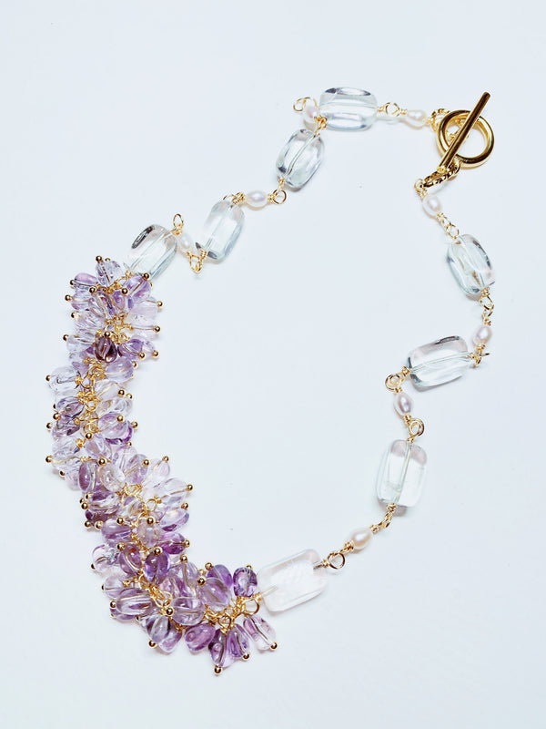 Amethyst & Clear Quartz Statement Necklace - Handmade Spring Light Crystals