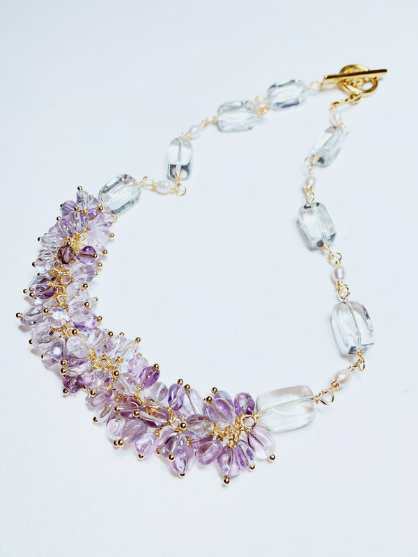 Amethyst & Clear Quartz Statement Necklace - Handmade Spring Light Crystals