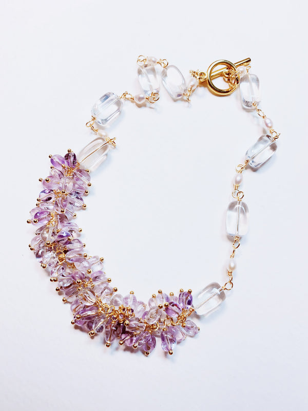 Amethyst & Clear Quartz Statement Necklace - Handmade Spring Light Crystals