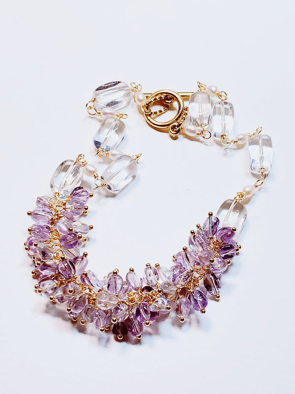 Amethyst & Clear Quartz Statement Necklace - Handmade Spring Light Crystals