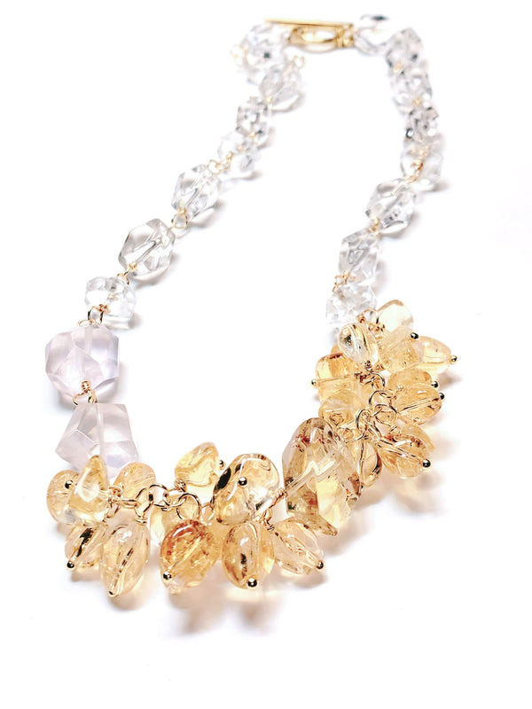 Golden Bloom Crystal Necklace – Citrine, Rose Quartz & Clear Quartz Statement Jewelry