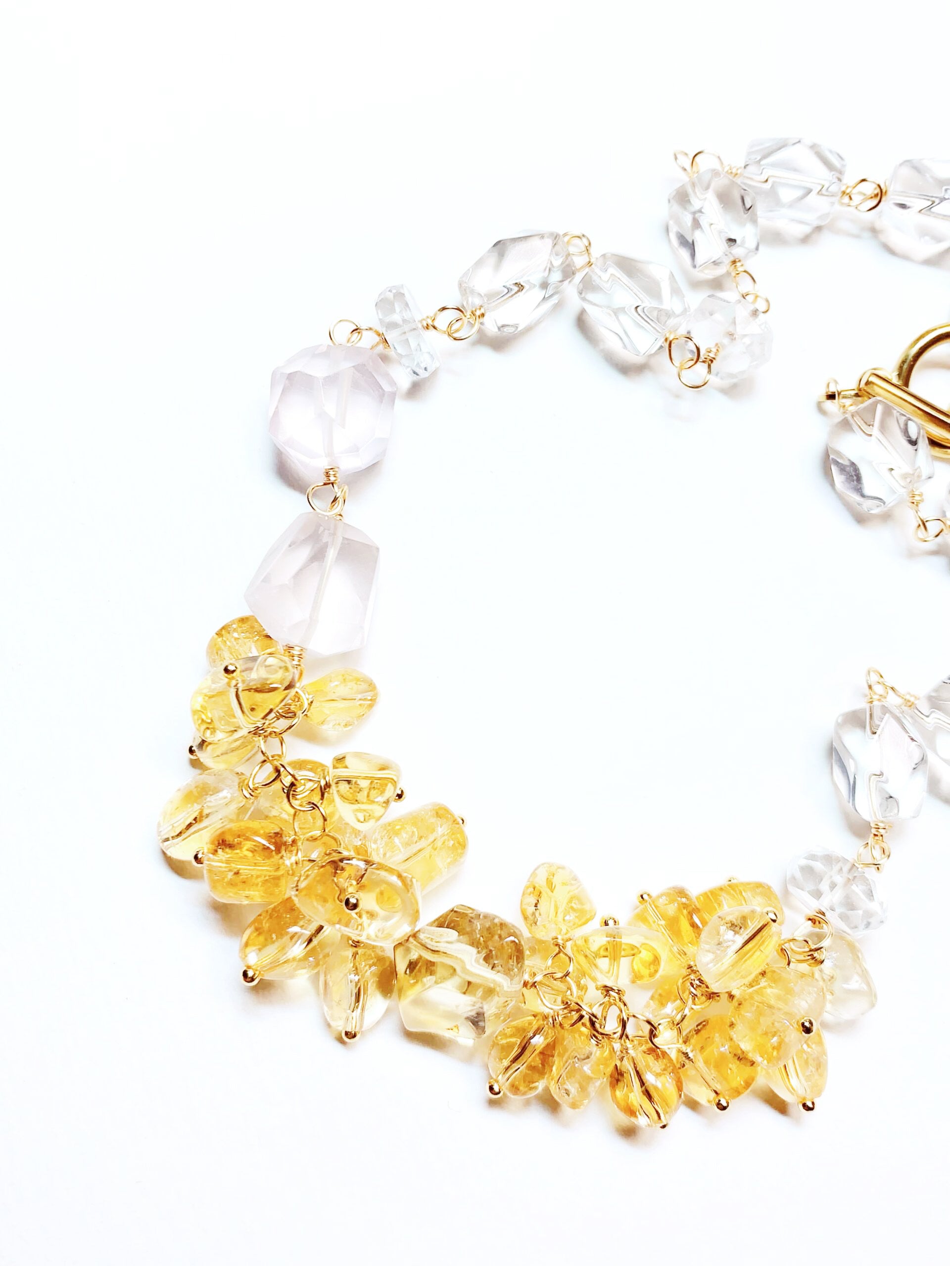 Golden Bloom Crystal Necklace – Citrine, Rose Quartz & Clear Quartz Statement Jewelry