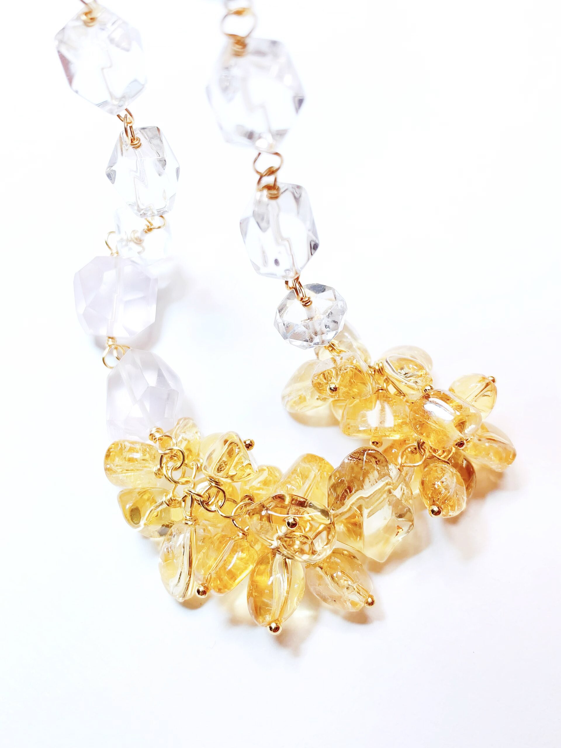 Golden Bloom Crystal Necklace – Citrine, Rose Quartz & Clear Quartz Statement Jewelry