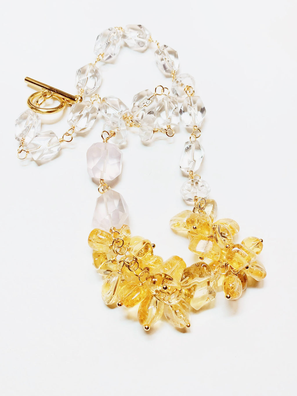 Golden Bloom Crystal Necklace – Citrine, Rose Quartz & Clear Quartz Statement Jewelry