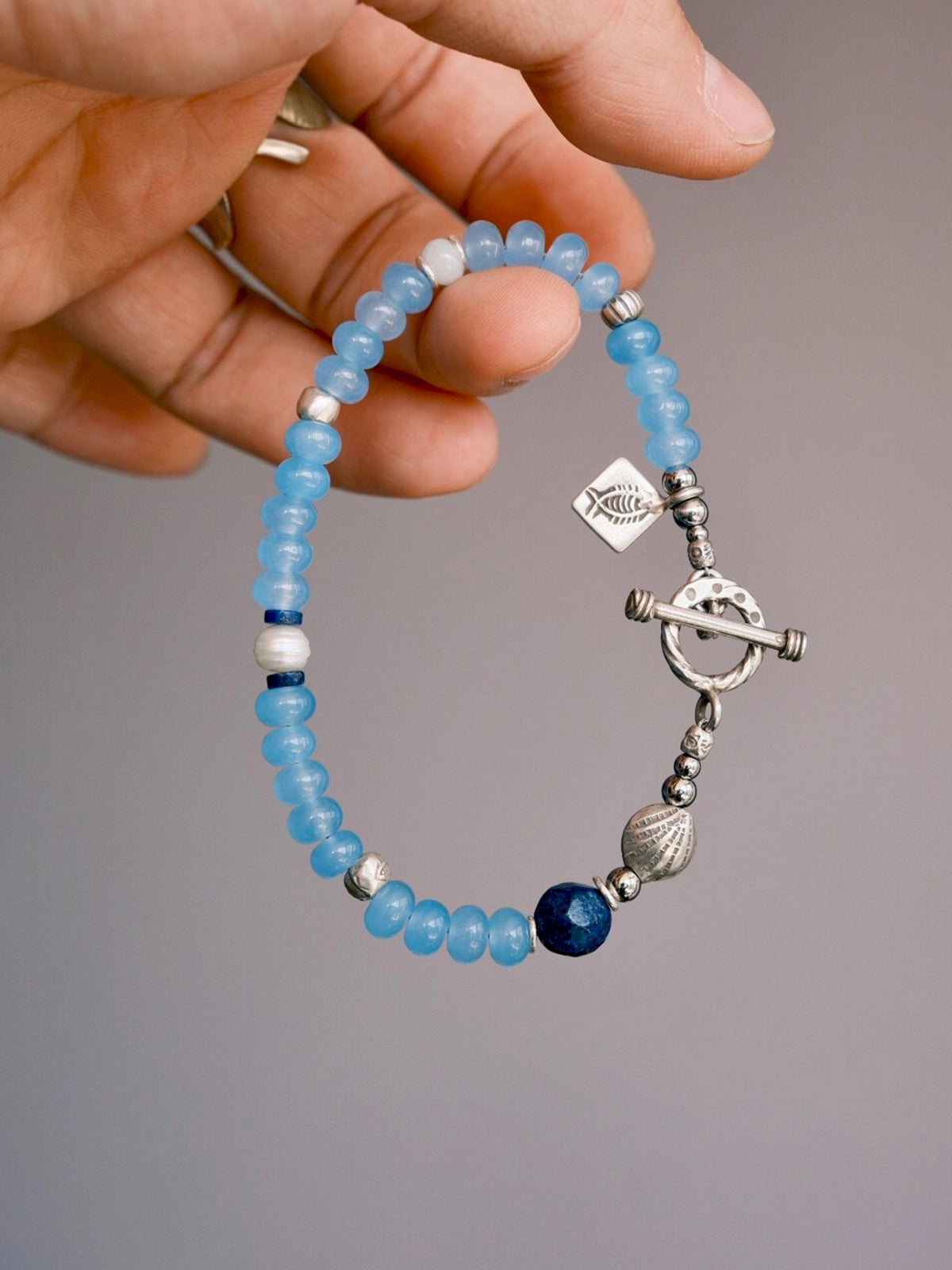 Men’s blue chalcedony bracelet, Mineral Soul Series Blue Shoal, sterling silver and pearl details, minimal jewelry aesthetic