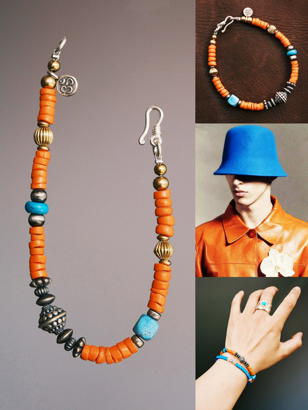 Sunset Nomad men’s beaded bracelet laid flat on dark textured wood, turquoise, sterling silver, refined brass, and antique Japanese colored-glaze in a vintage western style.