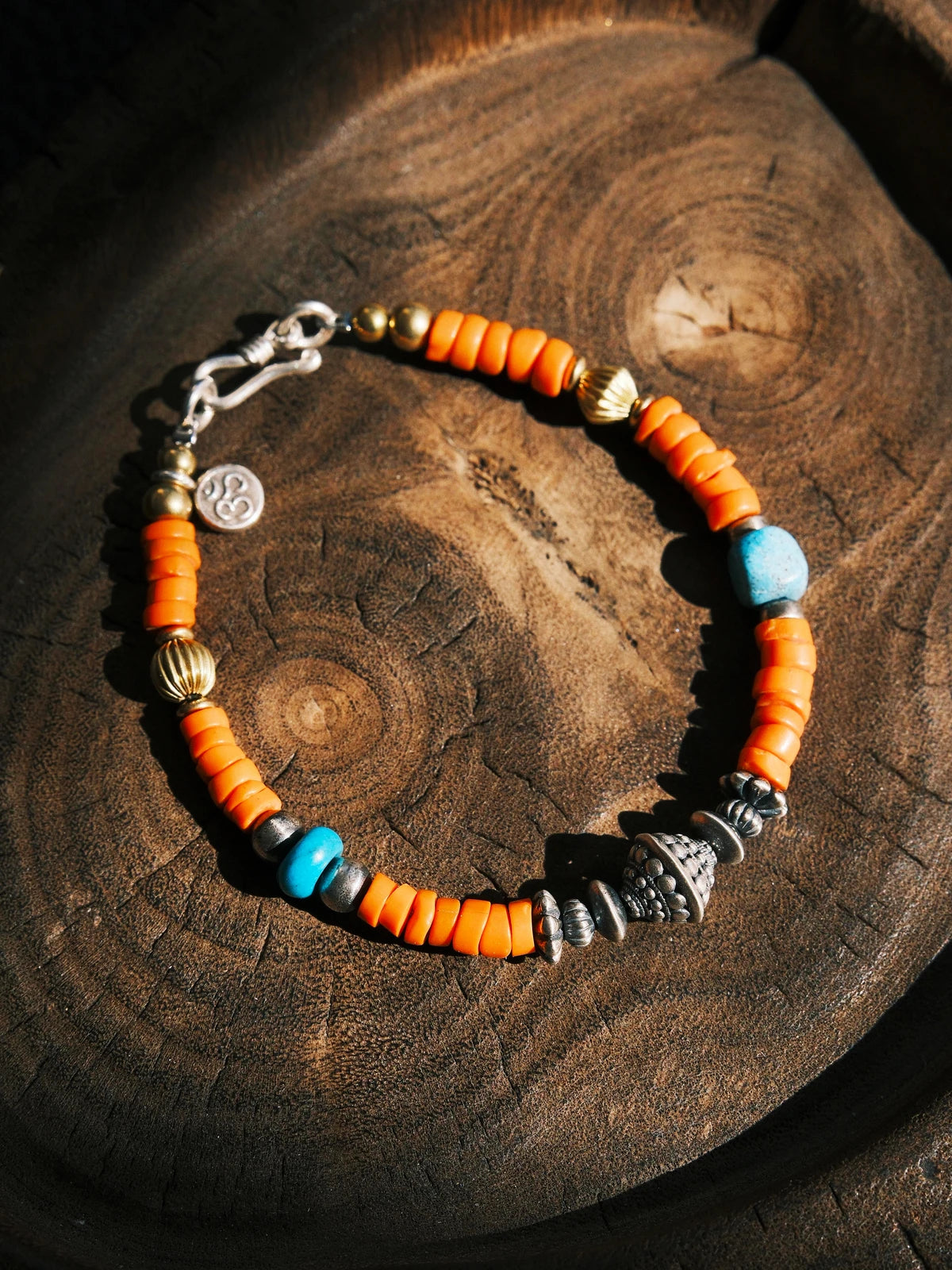 Gift-ready men’s turquoise bracelet with sterling silver and antique Japanese colored-glaze, meaningful bracelet gift for him.
