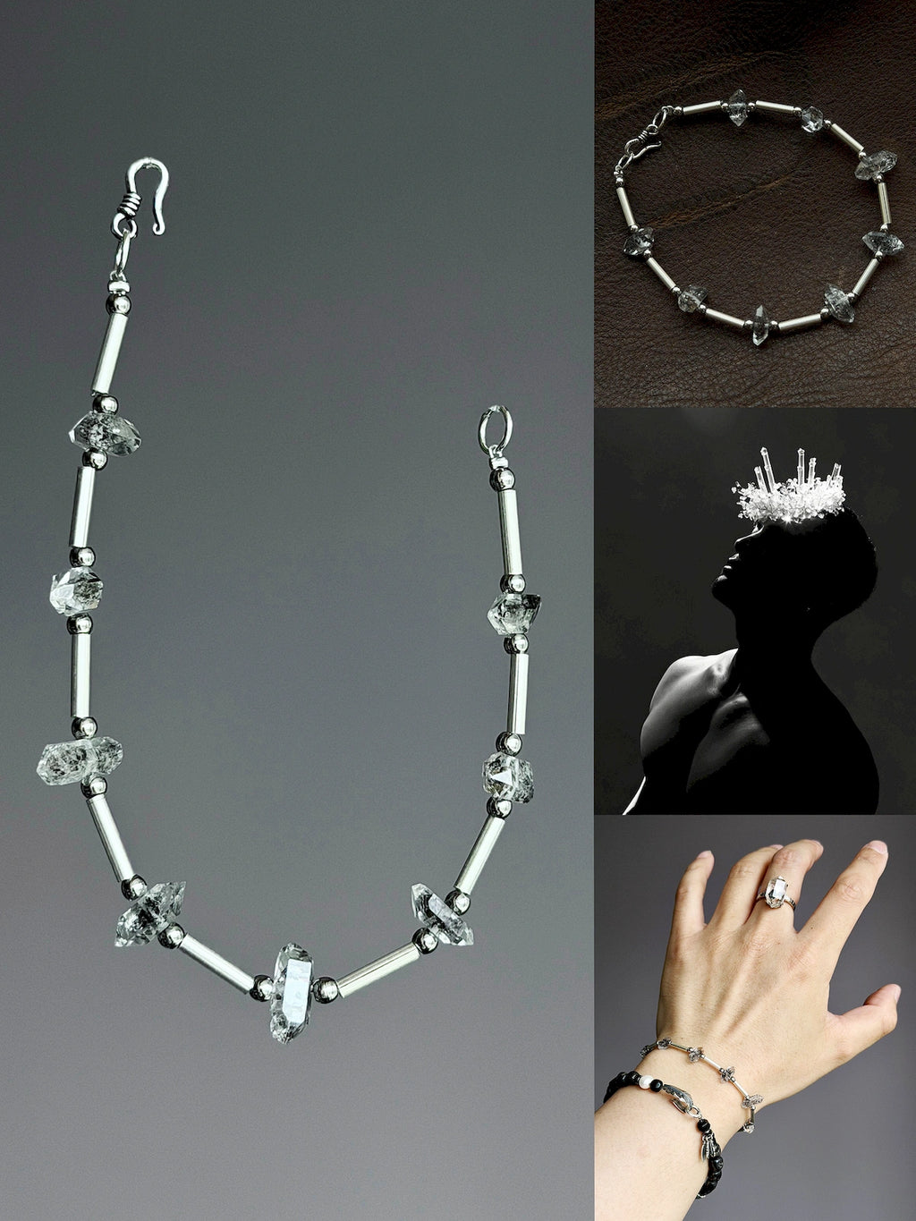 Stellar Thorn men’s crystal bracelet with Herkimer quartz, sterling silver tubes, and refined titanium steel spacers
