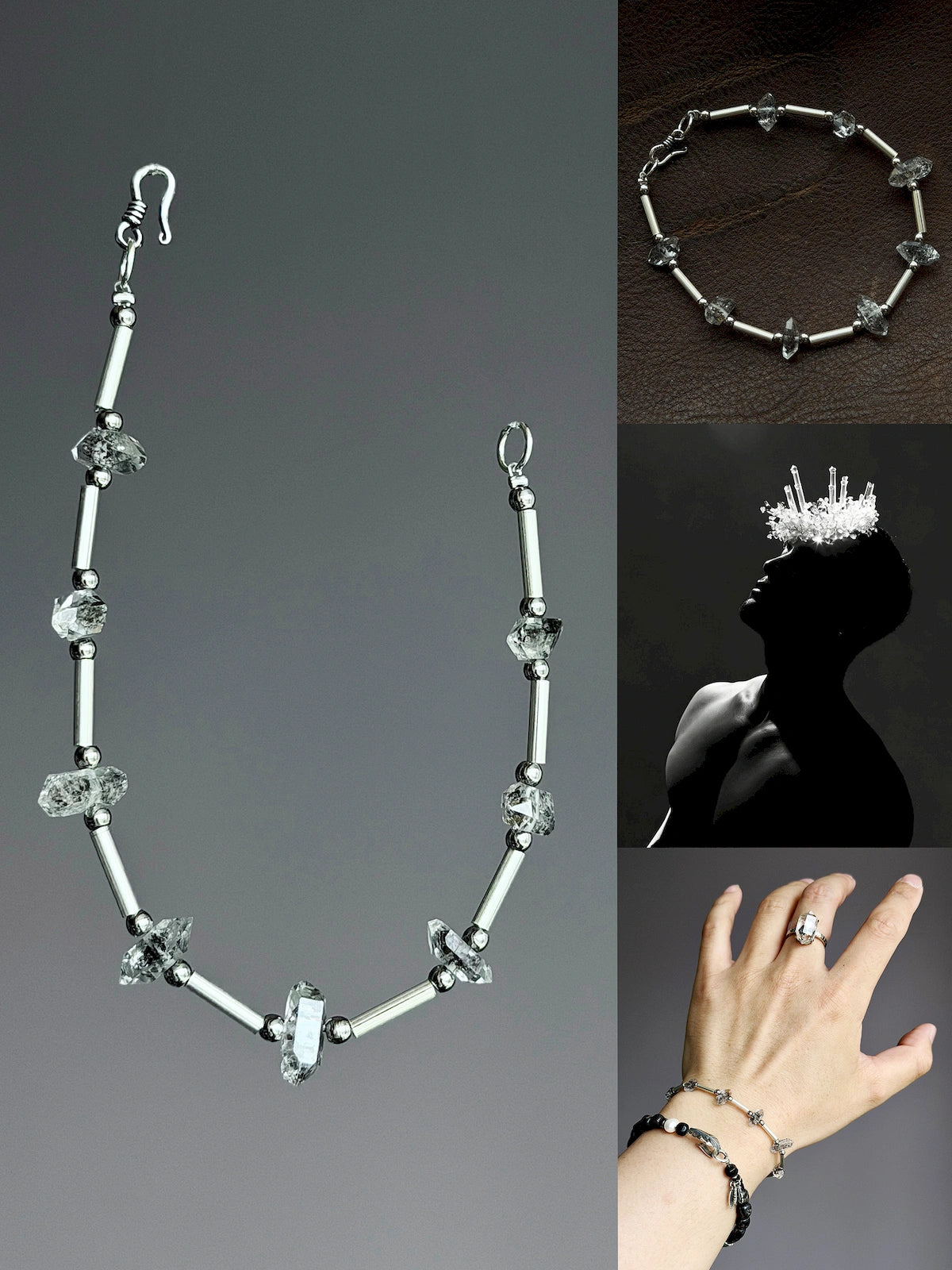 Stellar Thorn men’s crystal bracelet with Herkimer quartz, sterling silver tubes, and refined titanium steel spacers
