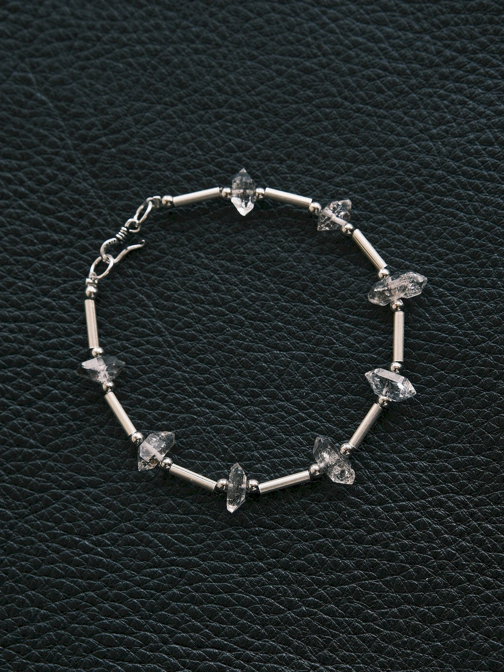 Men’s Herkimer quartz bracelet on black leather, Urban Stoic silver jewelry with cold refined texture