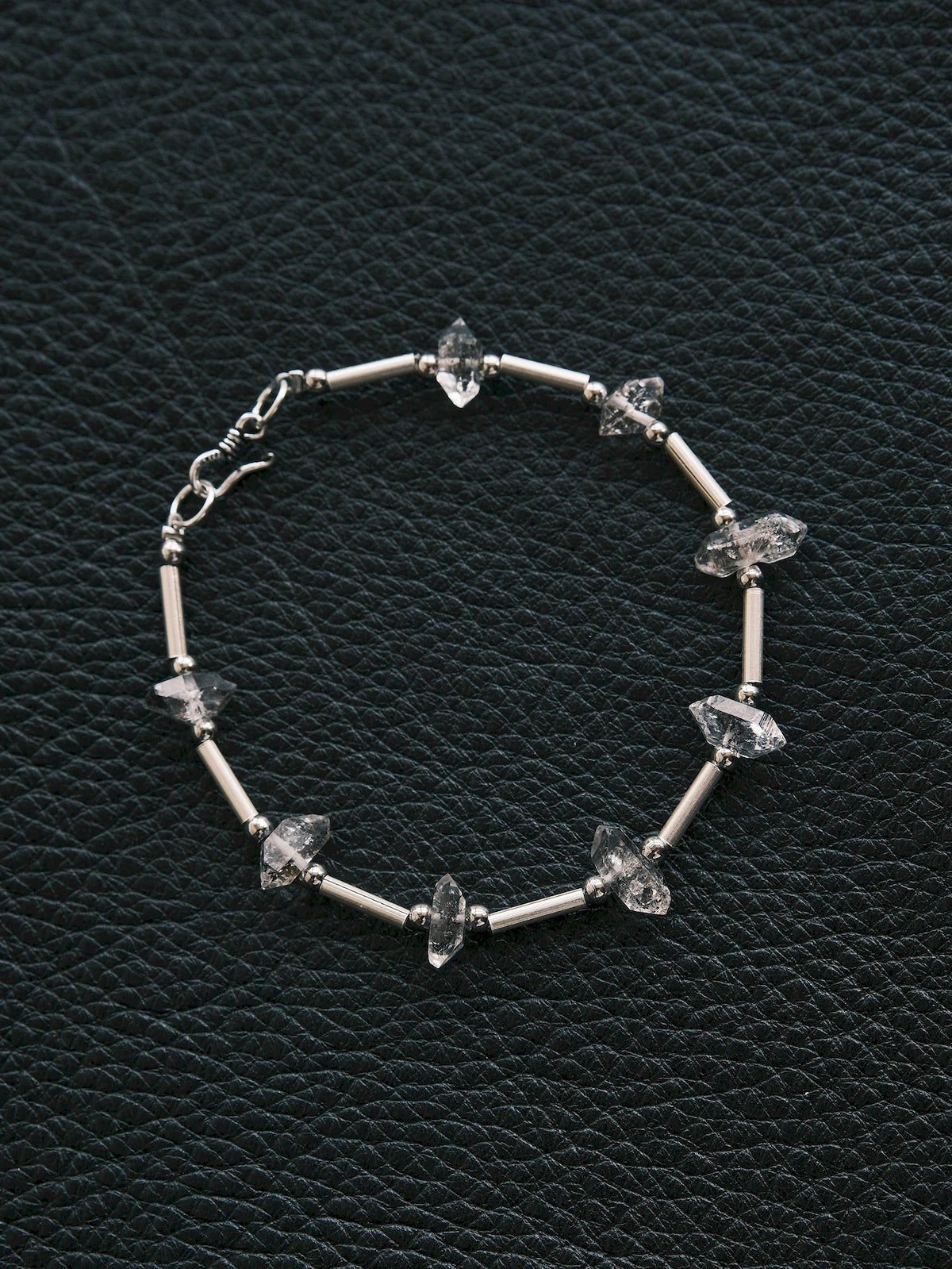 Men’s Herkimer quartz bracelet on black leather, Urban Stoic silver jewelry with cold refined texture