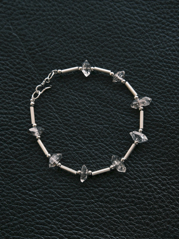 Men’s Herkimer quartz bracelet on black leather, Urban Stoic silver jewelry with cold refined texture