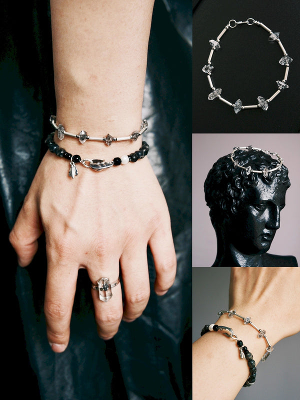 Black and white men’s crystal bracelet mood image, sharp identity jewelry with quiet stoic energy