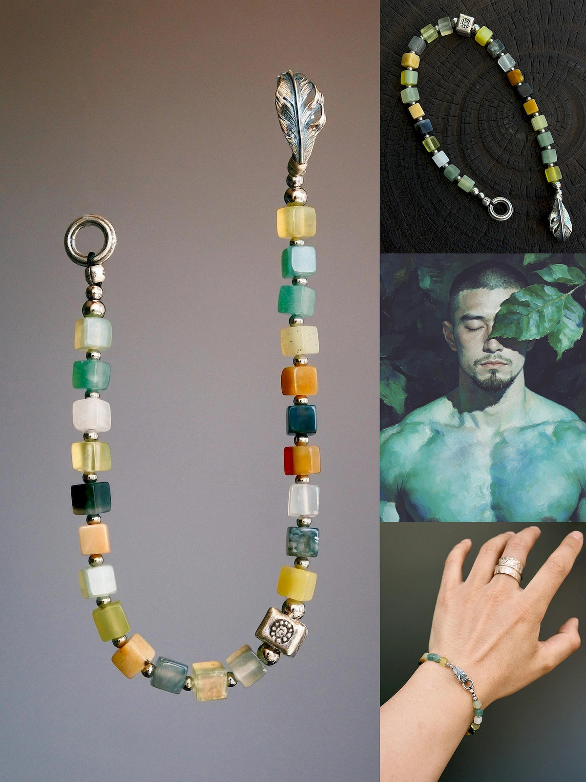 Mineral Soul Series | Wild Plume | Xiuyu Jade & Silver Feather Bracelet Secondary image