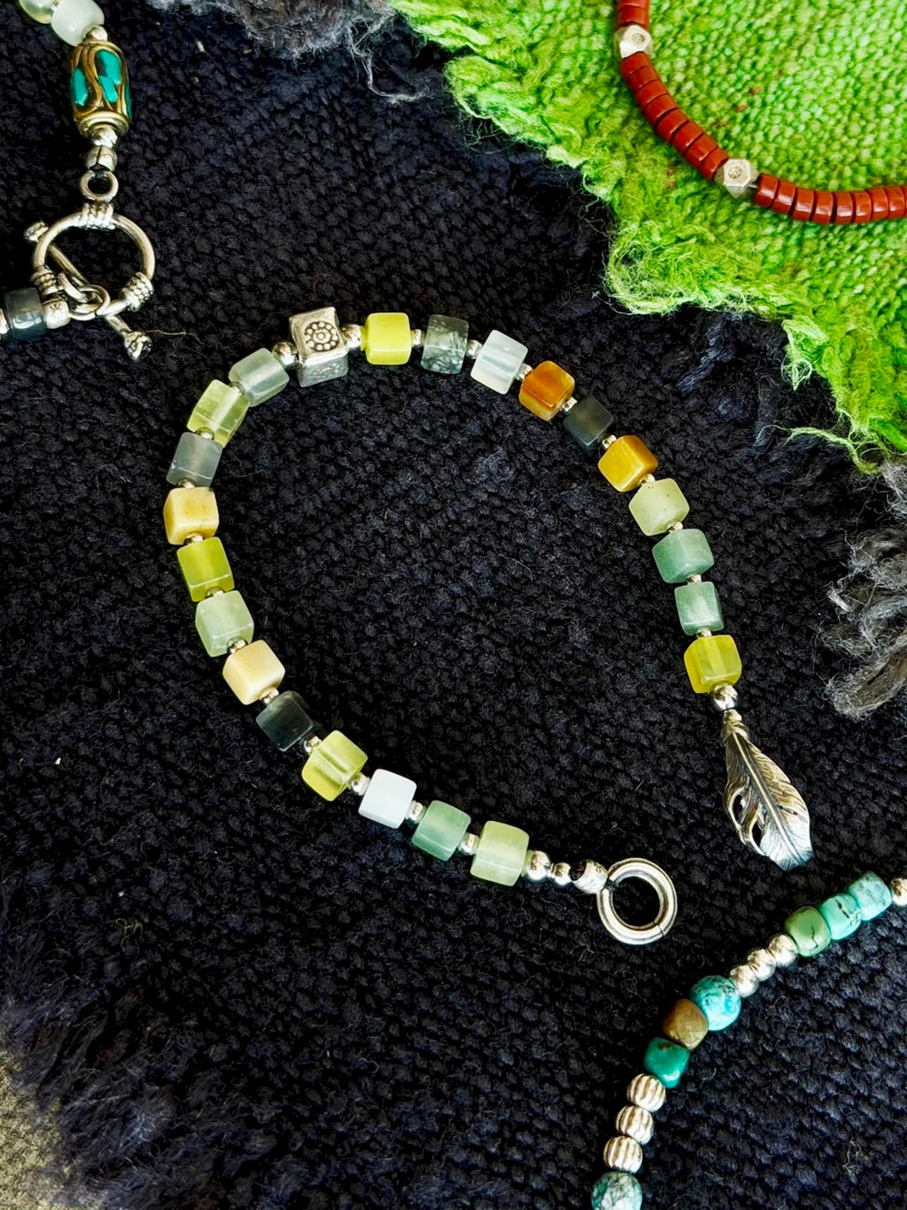Meaningful gift bracelet for him, Xiuyu jade and silver feather, Mineral Soul Series jewelry