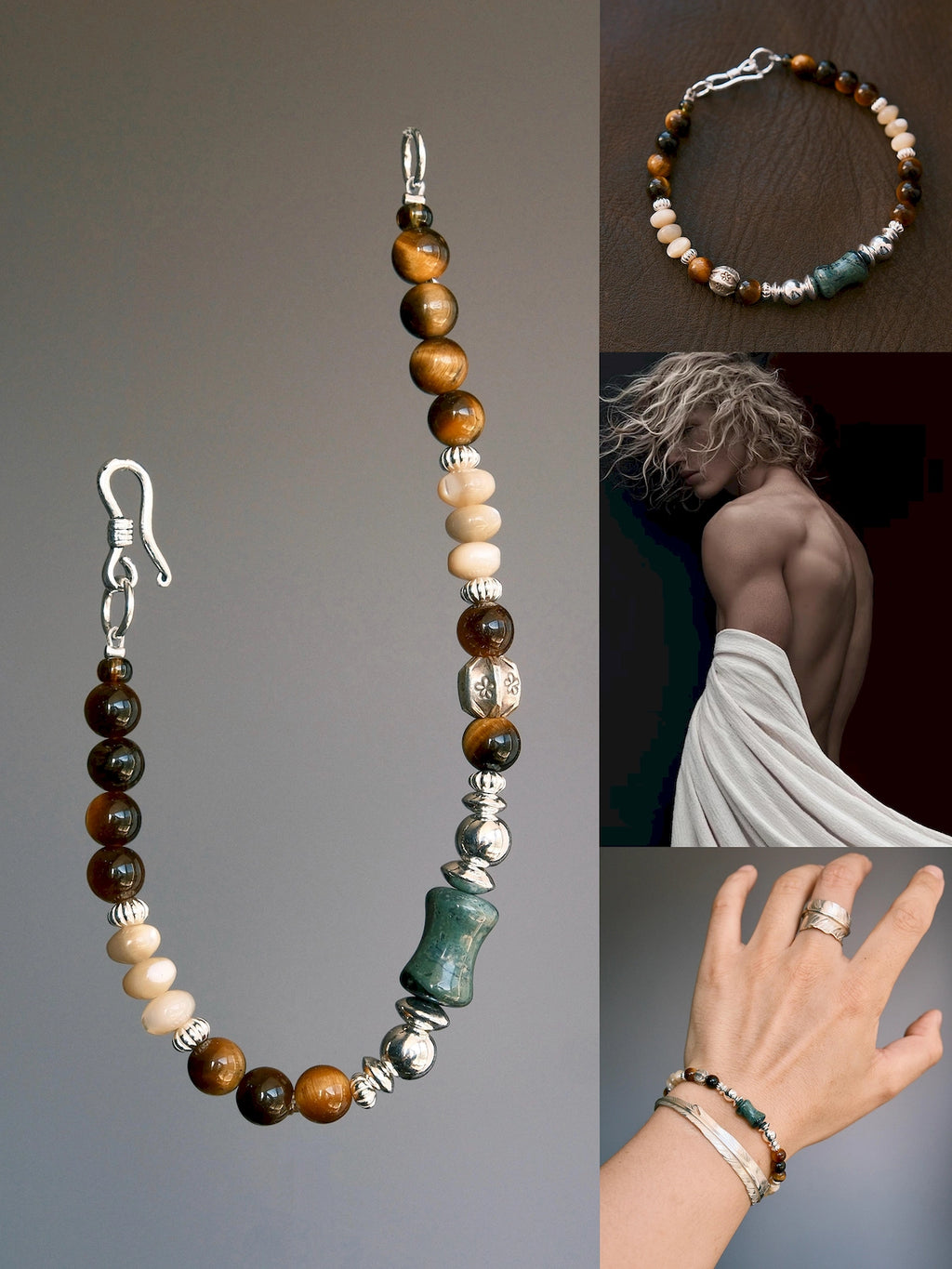 Ochre Monarch men’s bracelet collage showing the full design, leather flat lay, masculine mood and stacked wrist styling
