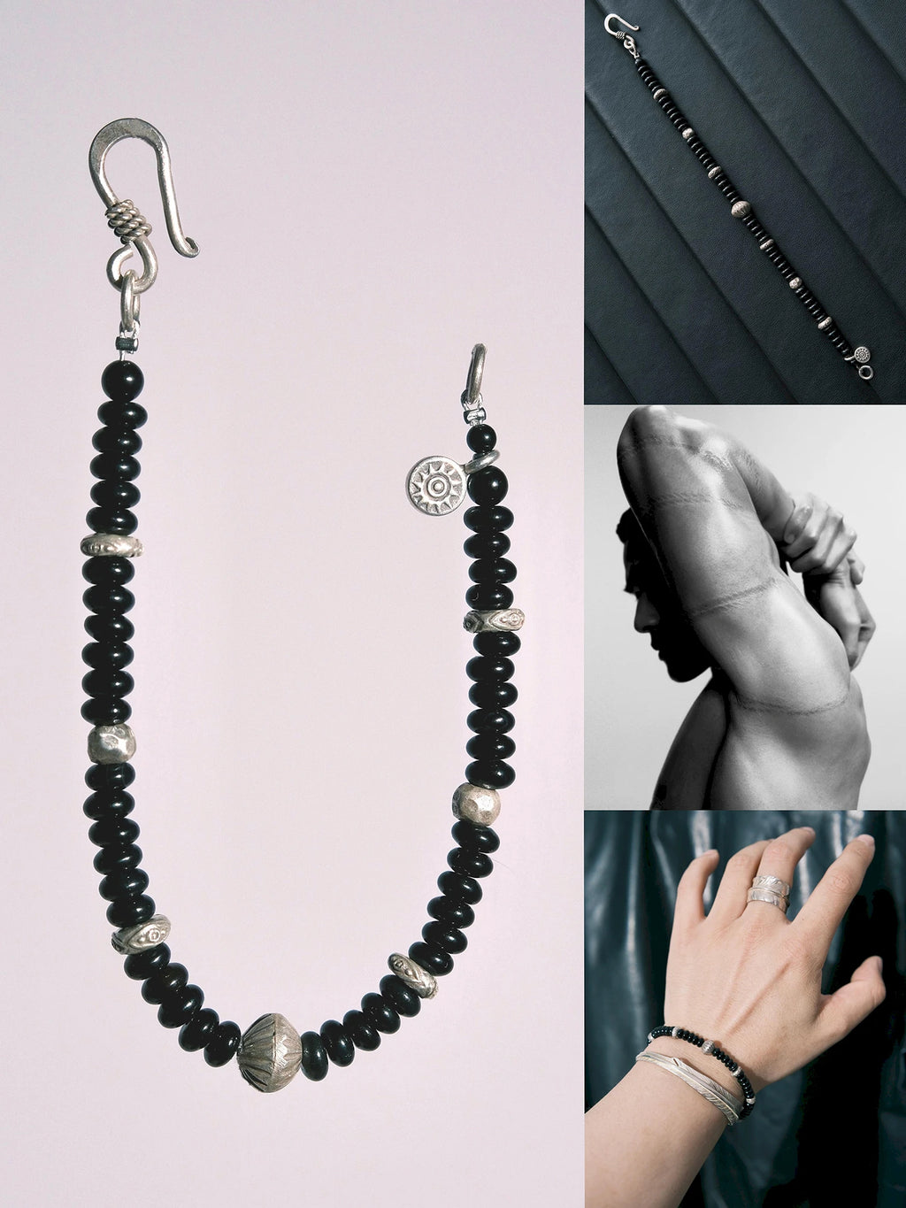 Dawn Sentinel black onyx bracelet with hammered silver beads and an fishhook clasp in a wooden flat lay