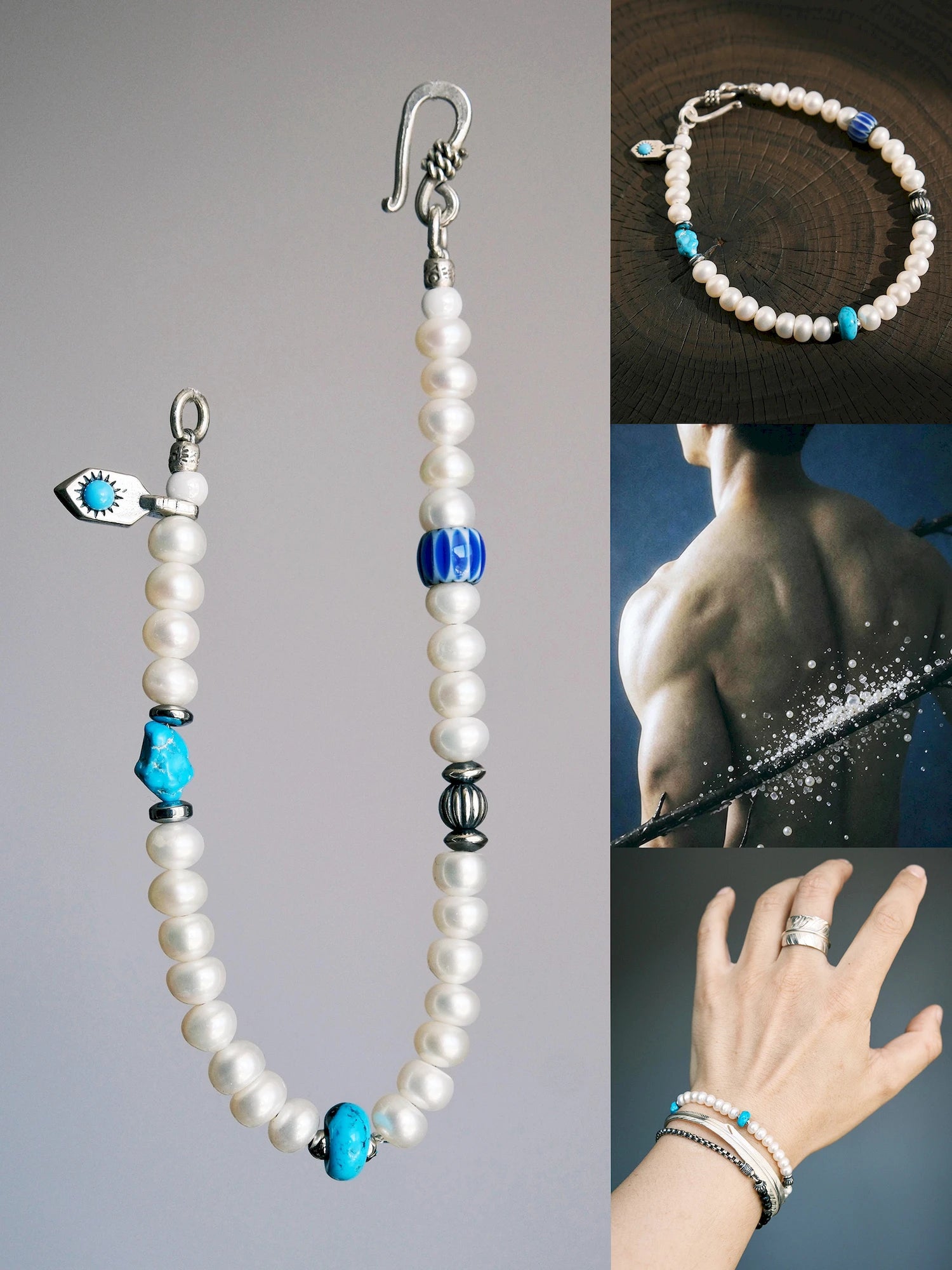 Pearl Rebel: Natural Nucleus-free Pearl, Turquoise & 925 Silver Bracelet Secondary image