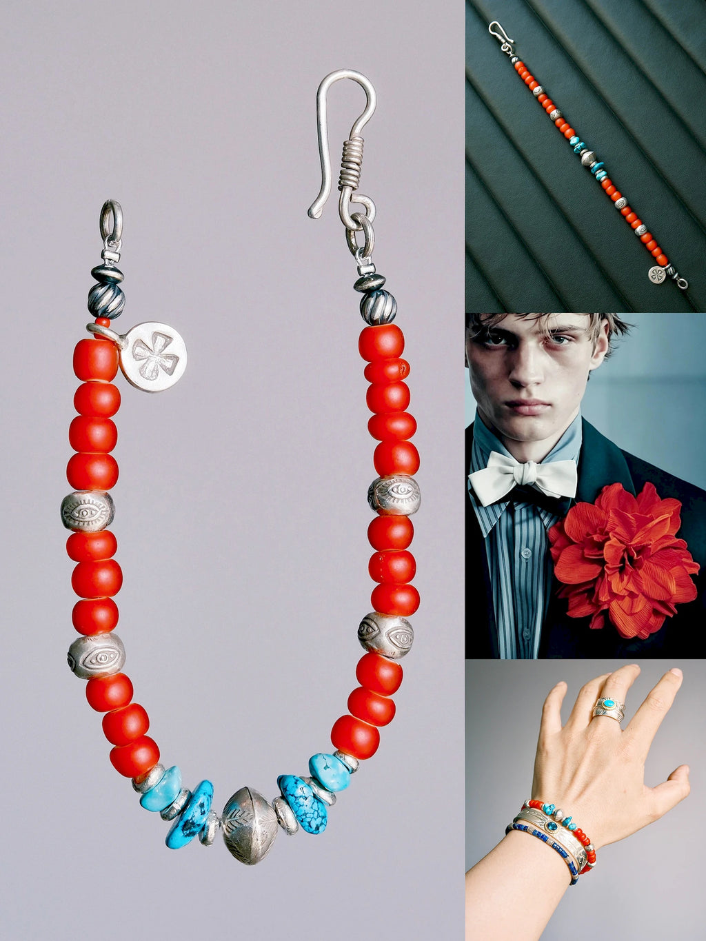 Scarlet Maverick collage with red colored-glaze beads, turquoise, clasp details, a flat lay, wrist styling and a portrait with a red flower.