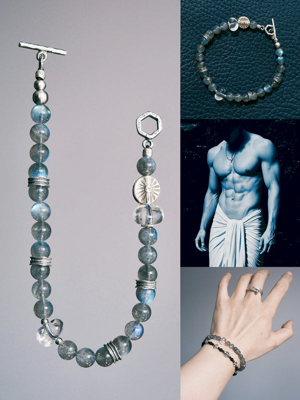 Grey Sovereign collage with labradorite, clear quartz, sun-motif and toggle details, a flat lay, wrist styling and a blue-toned figure.