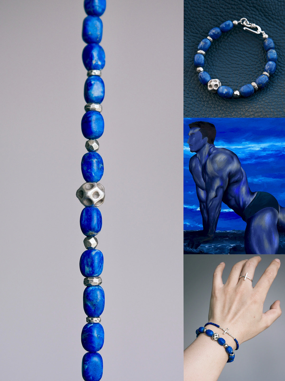 Collage of lapis and silver bracelet details, a blue-toned figure illustration, and stacked wrist styling.