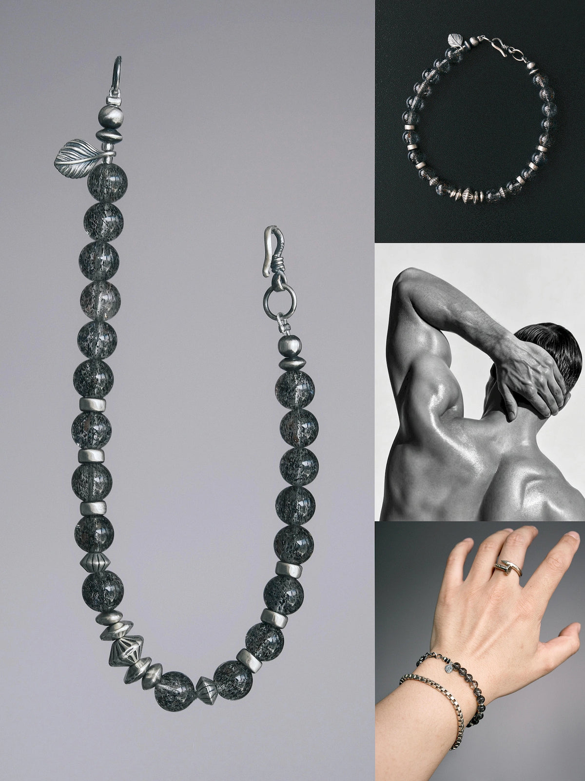 Collage of Shadow Sentinel bracelet details, wrist styling and a monochrome fashion reference.