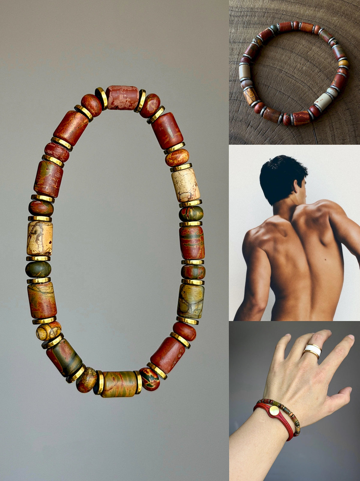 Earth Nomad collage showing gold-tone and silver-tone bracelets, wrist styling and a shirtless figure from behind.