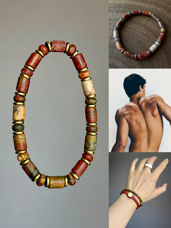 Earth Nomad collage showing gold-tone and silver-tone bracelets, wrist styling and a shirtless figure from behind.