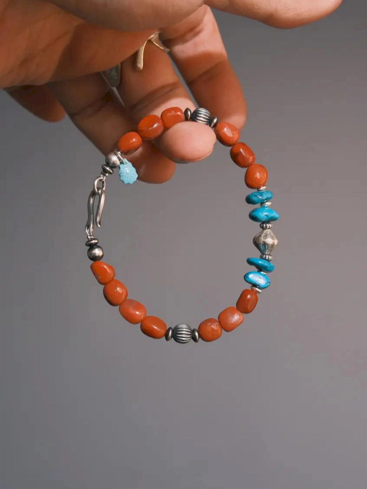Color Maverick: South Red Agate, Turquoise & 925 Sterling Silver Bracelet for Men