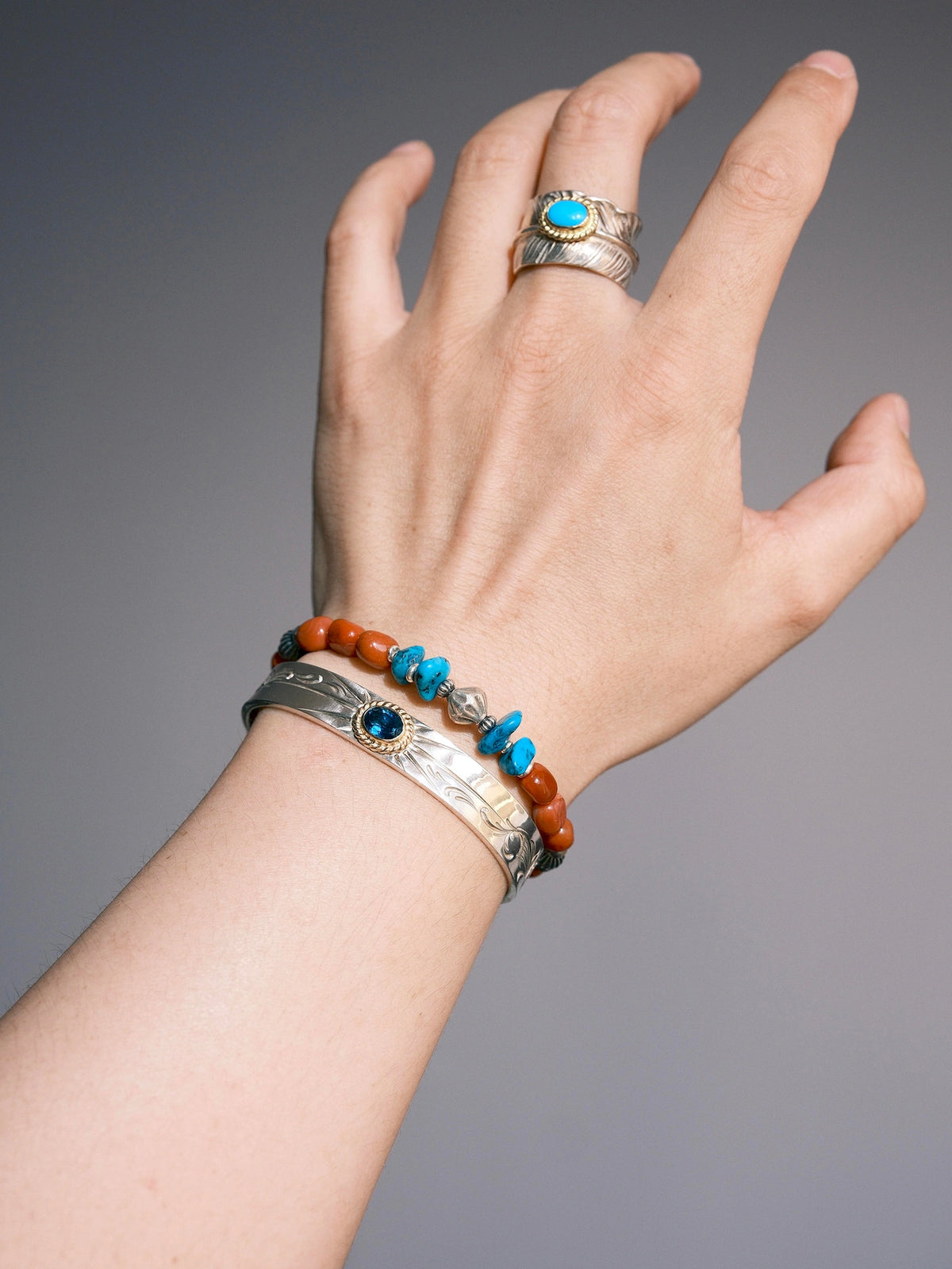Color Maverick: South Red Agate, Turquoise & 925 Sterling Silver Bracelet for Men