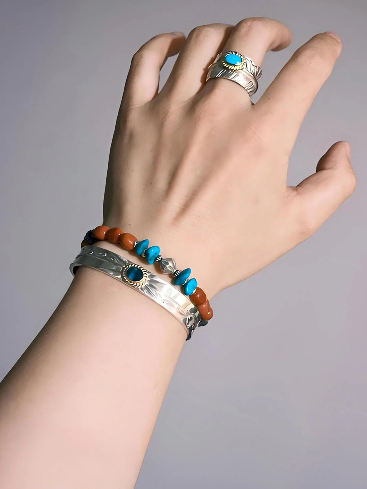 Color Maverick: South Red Agate, Turquoise & 925 Sterling Silver Bracelet for Men