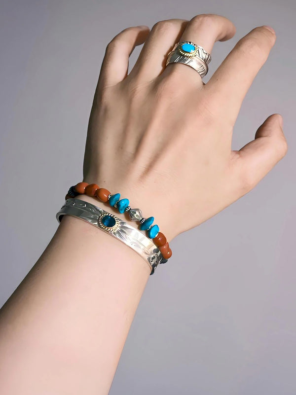 Color Maverick: South Red Agate, Turquoise & 925 Sterling Silver Bracelet for Men