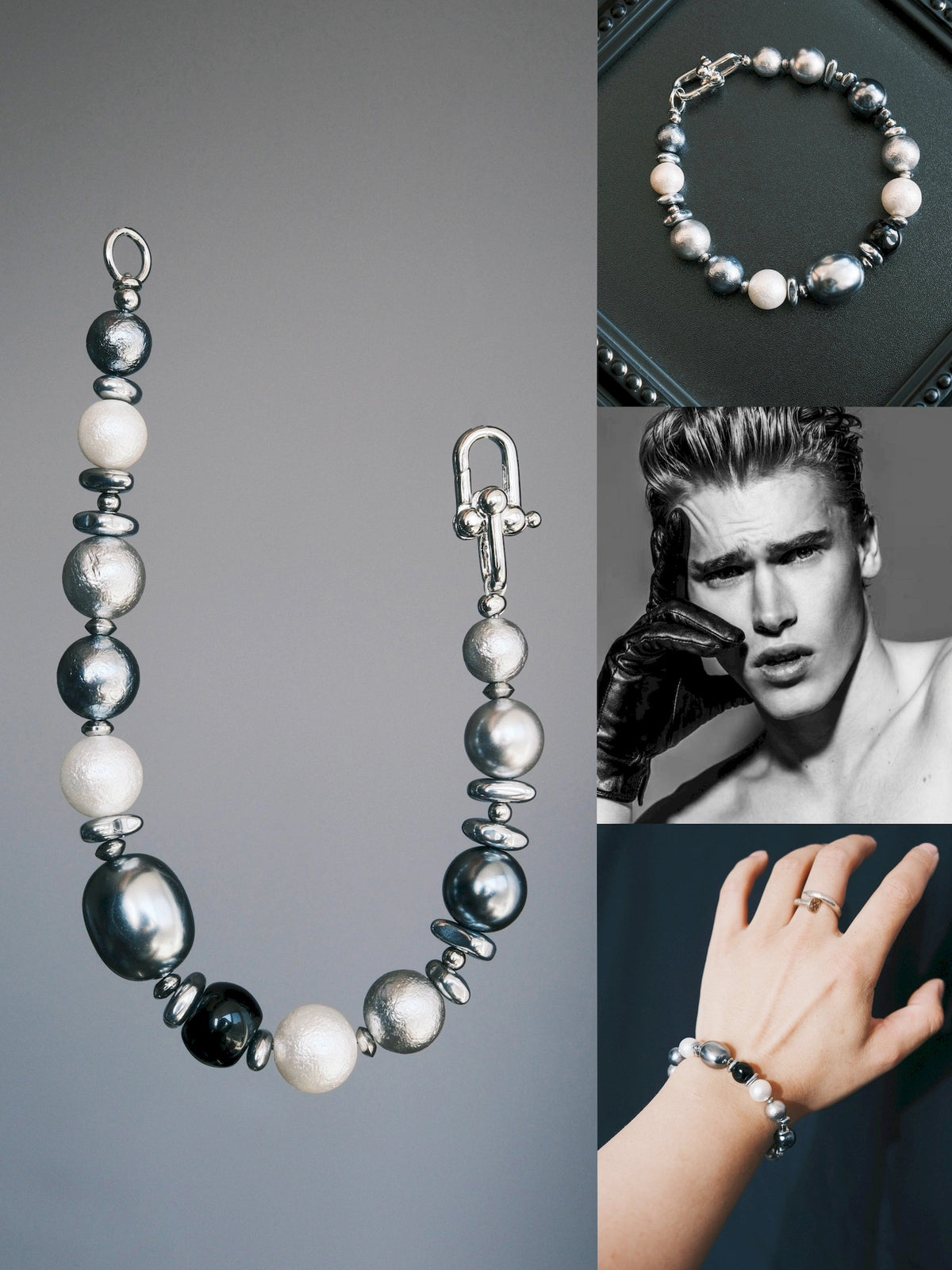 Quiet Rebel bracelet collage showing an open strand, a tray view, a monochrome portrait and an on-wrist view.