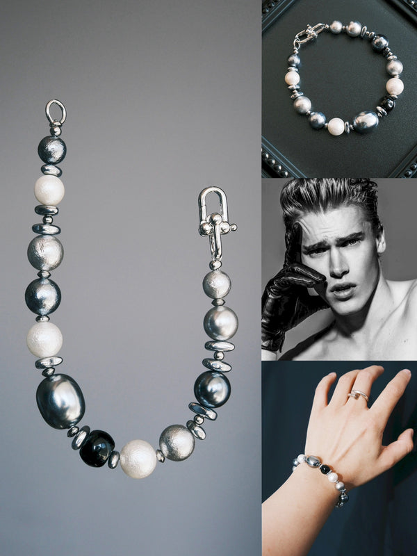 Quiet Rebel bracelet collage showing an open strand, a tray view, a monochrome portrait and an on-wrist view.