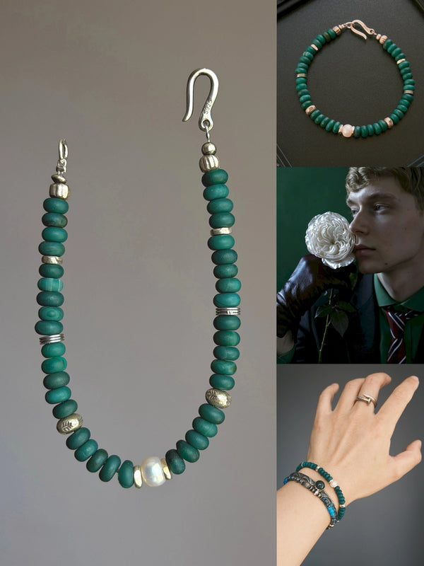 Forest Keeper collage showing an open strand, a flat bracelet, wrist styling and a portrait with a white flower.