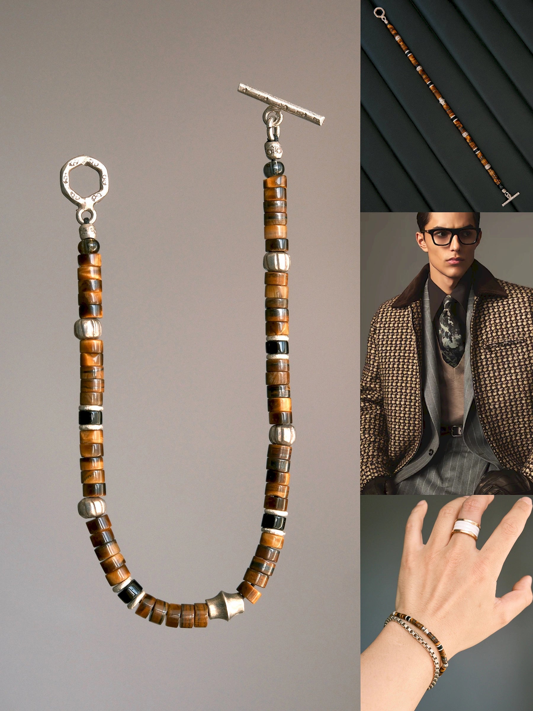 Umber Regent: Tiger Eye, Black Onyx & 925 Sterling Silver Bracelet Secondary image