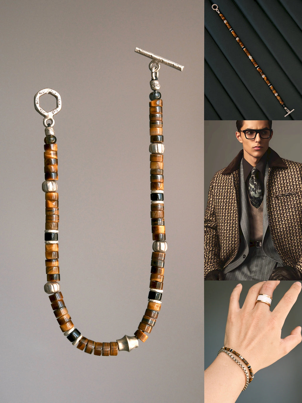 Umber Regent collage with an open bracelet, dark-surface flat lay, tweed styling portrait and wrist stack.
