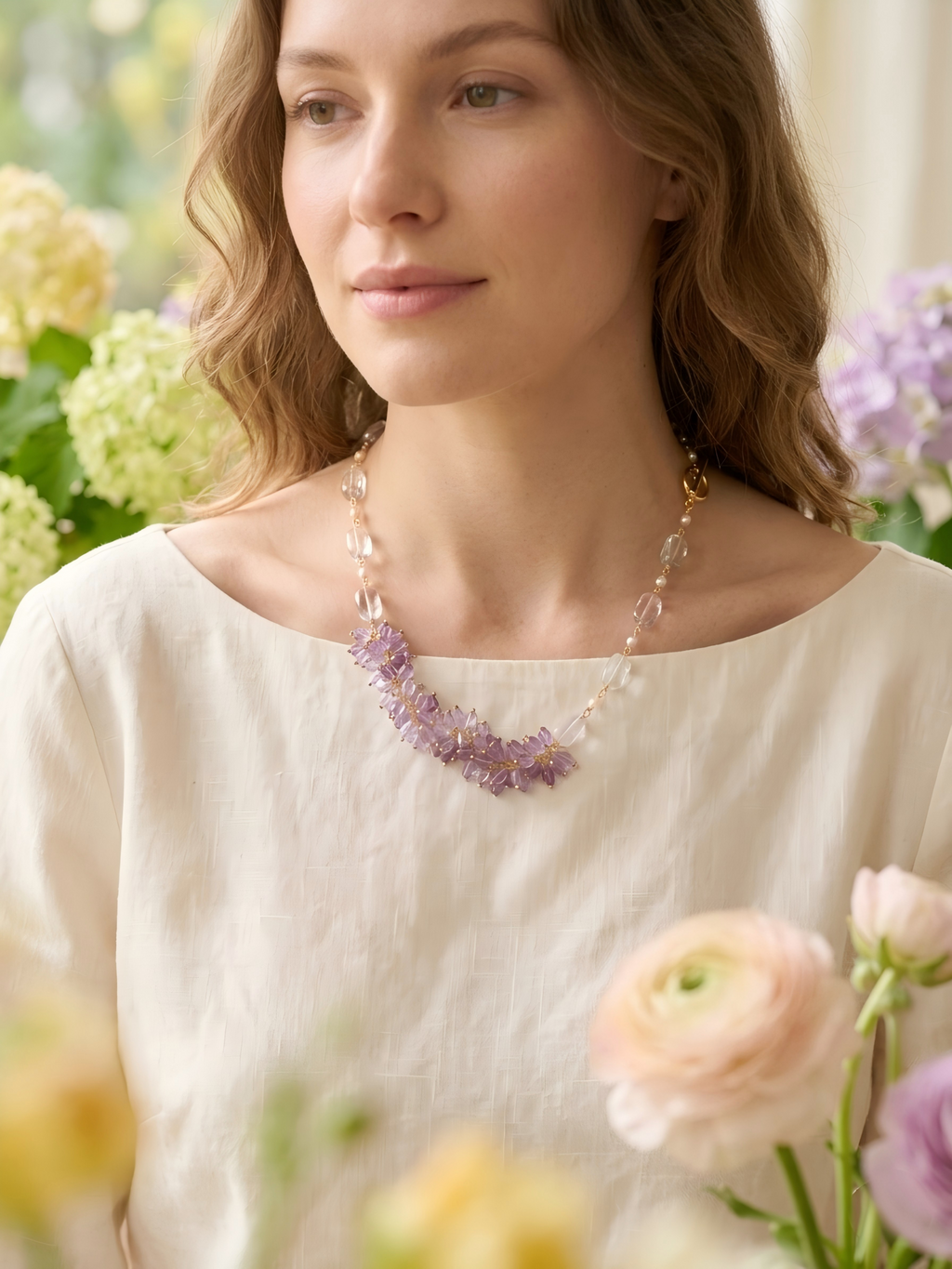 Amethyst & Clear Quartz Statement Necklace – Handmade Spring Light Crystals