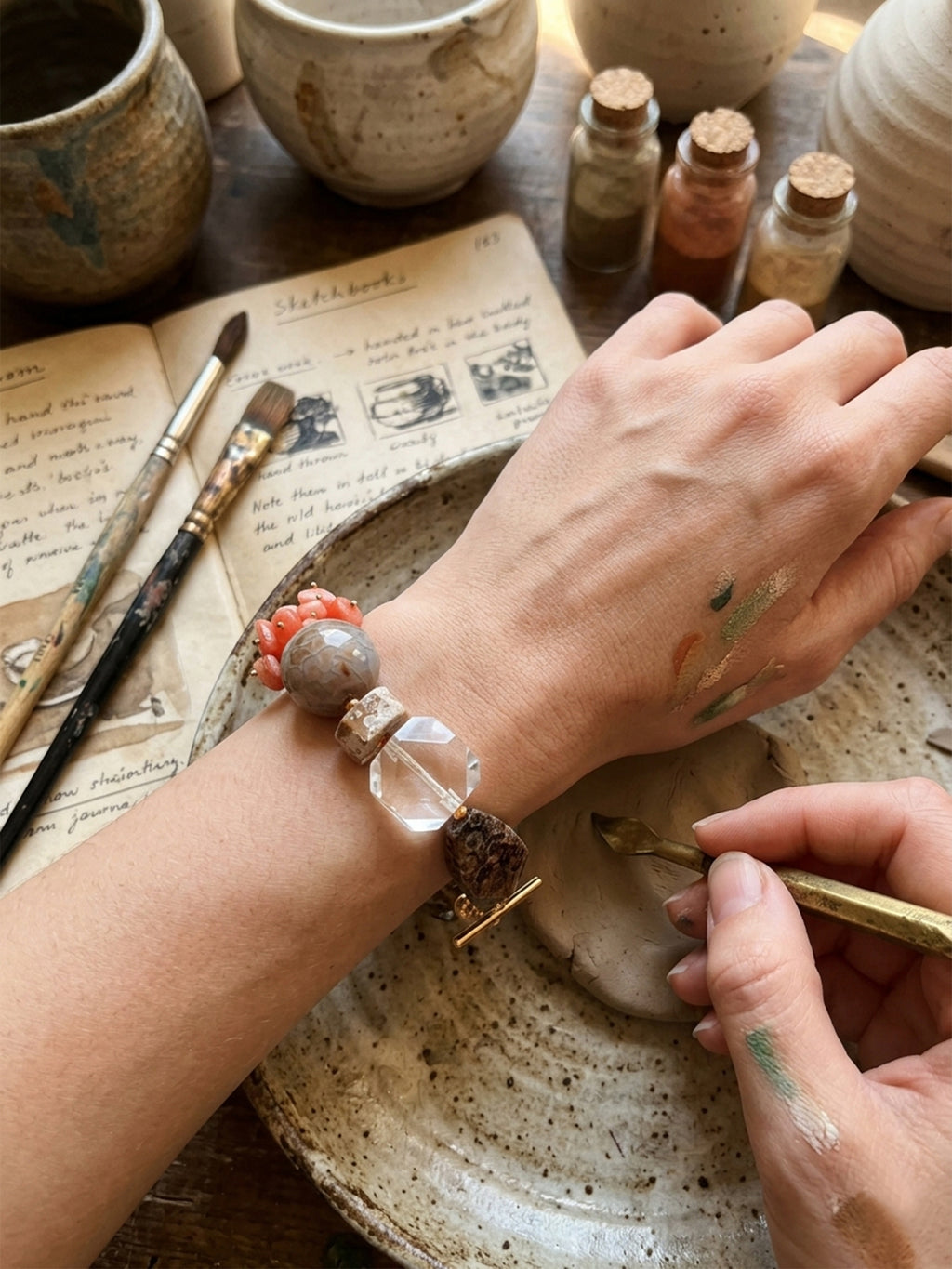 Rock Bloom Rhodochrosite & Clear Quartz Bracelet – Handmade Natural Crystal Gift for Women