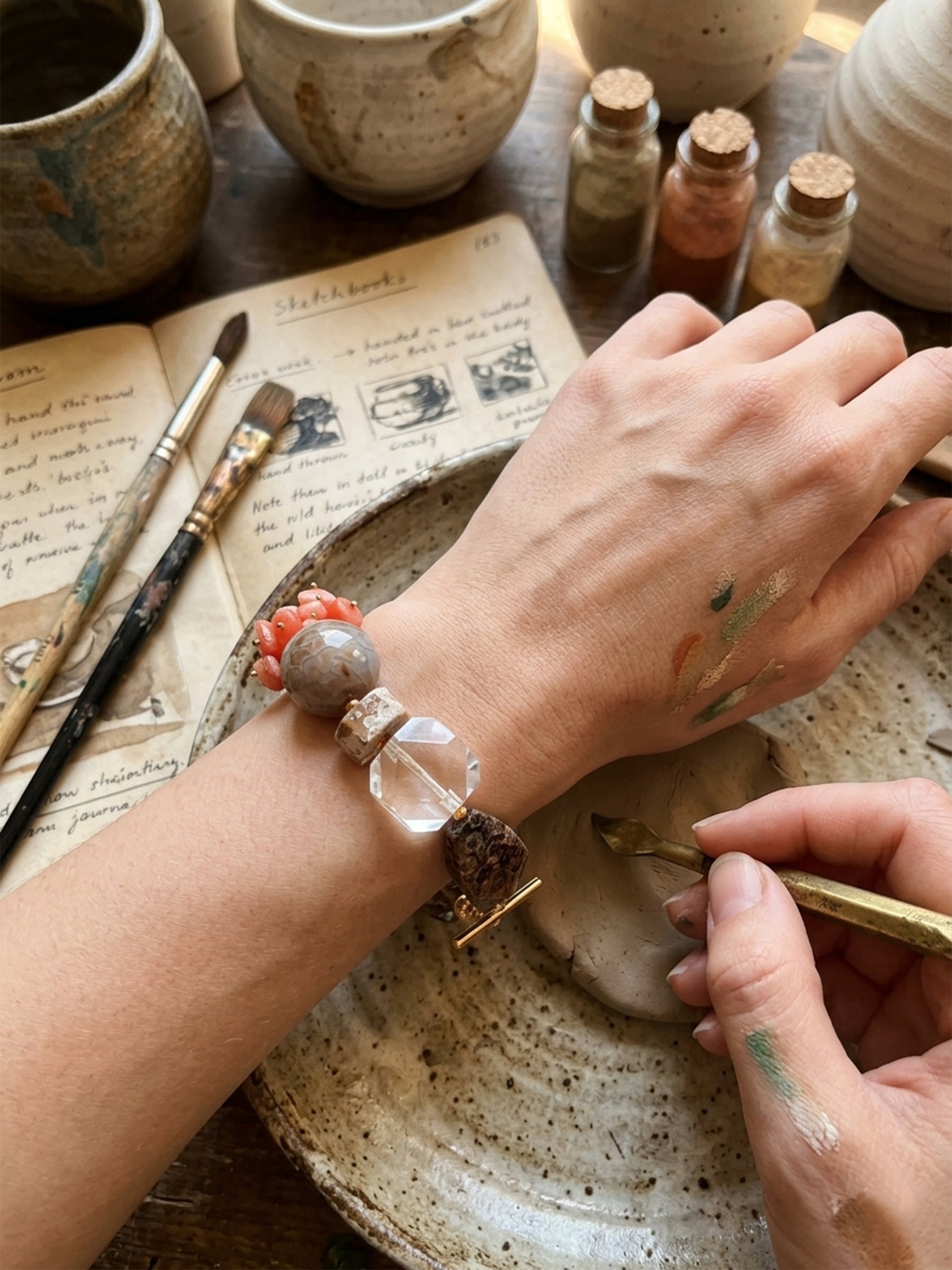 Rock Bloom Rhodochrosite & Clear Quartz Bracelet – Handmade Natural Crystal Gift for Women