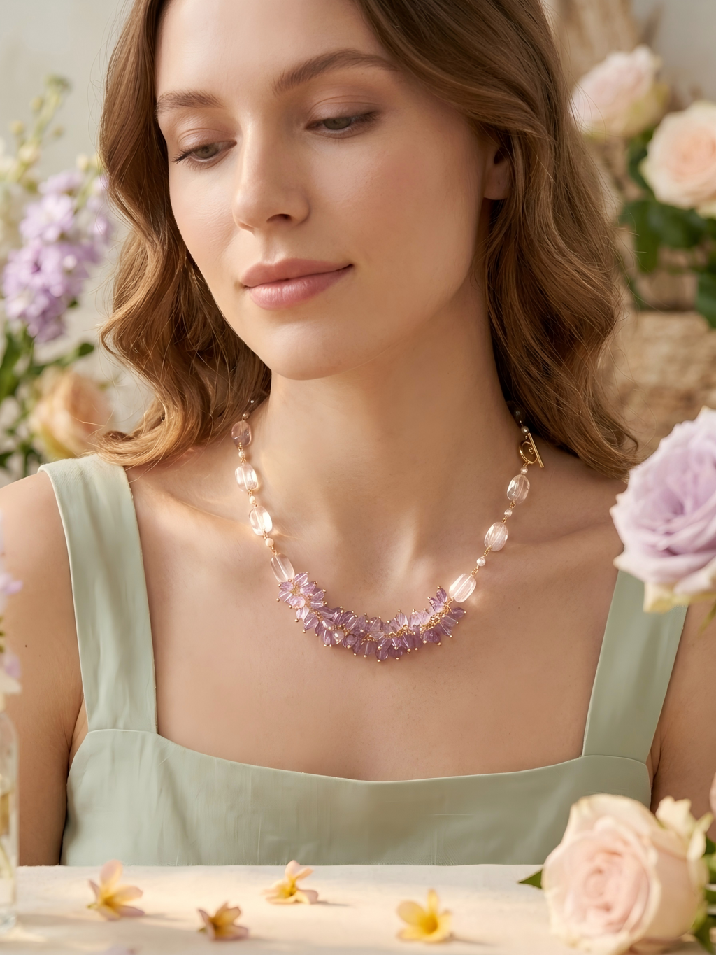 Amethyst & Clear Quartz Statement Necklace – Handmade Spring Light Crystals