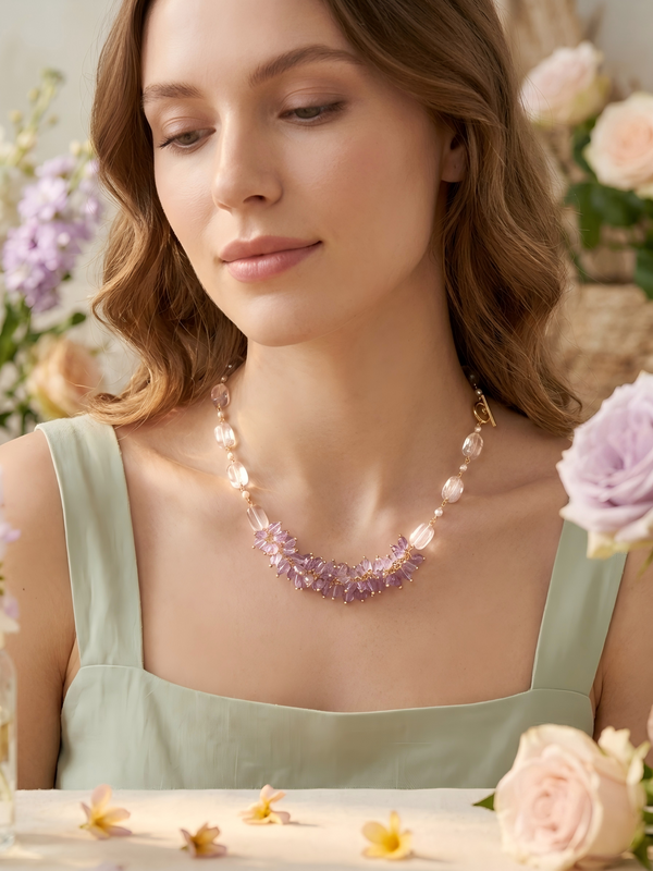 Amethyst & Clear Quartz Statement Necklace - Handmade Spring Light Crystals