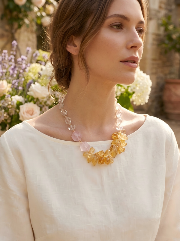 Golden Bloom Crystal Necklace – Citrine, Rose Quartz & Clear Quartz Statement Jewelry