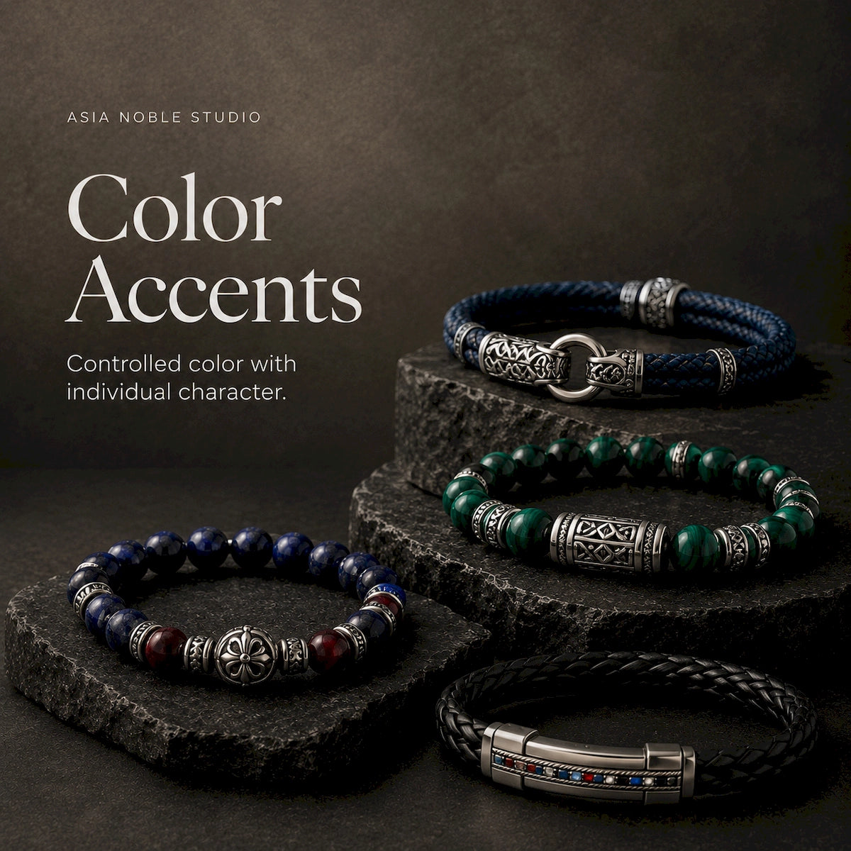 Color Accents men’s bracelets in blue, green and red with ornate silver-tone details displayed on dark stone