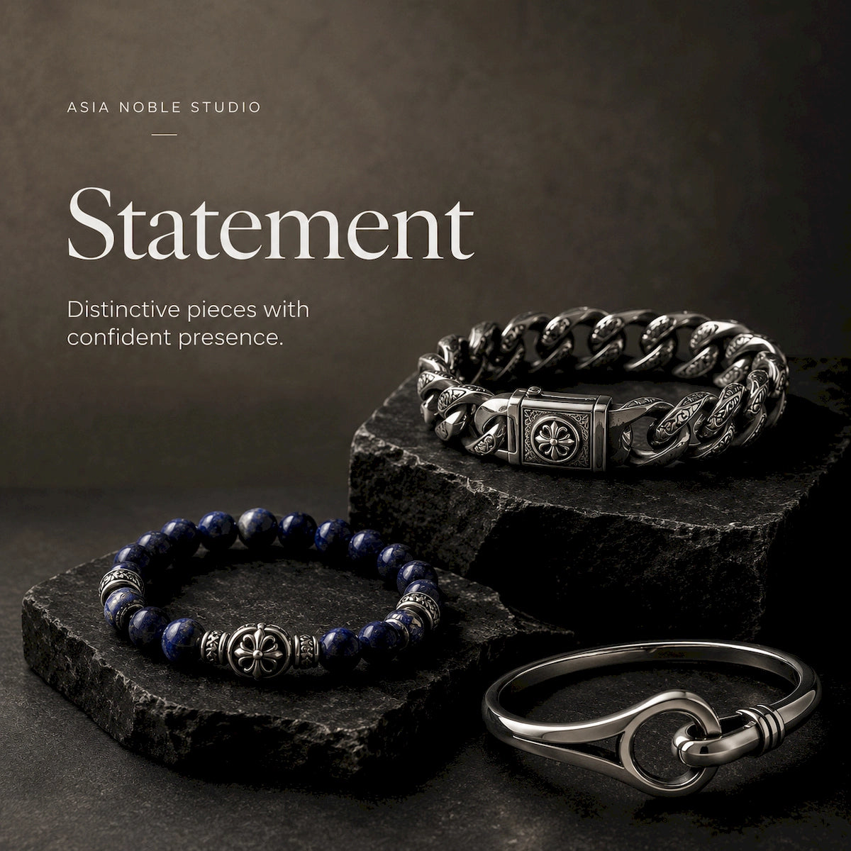 Statement men’s bracelets featuring an ornate chain, blue stone beads and a sculptural metal cuff