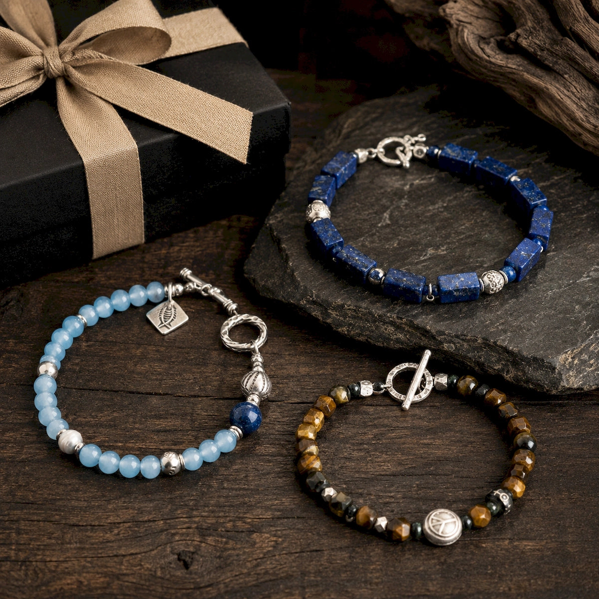 Three men’s gemstone bracelets featuring blue chalcedony, lapis lazuli and tiger eye